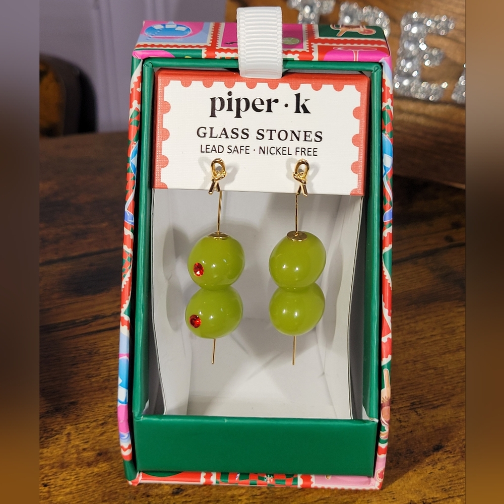 Piper.k martini Olive Green Glass Bead Drop Earrings brass hardware